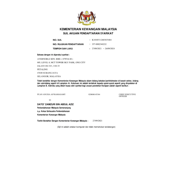 Ministry of Finance (Kementerian Kewangan Malaysia) MOF Registered