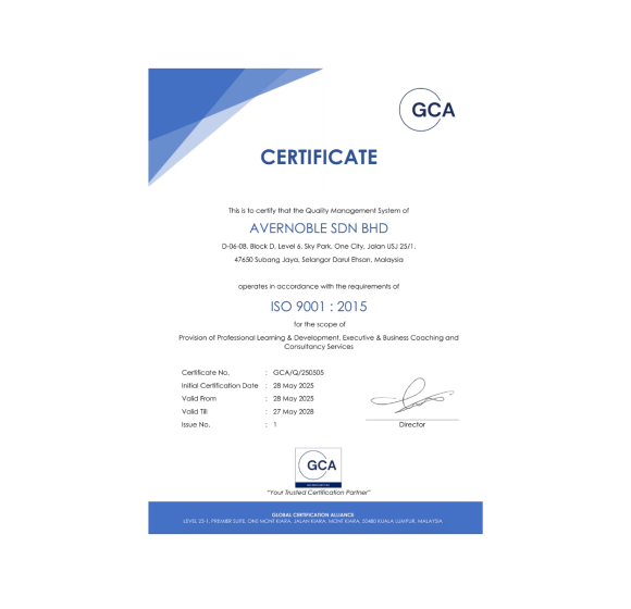 ISO 9001:2015 Certified for Provision of Professional Learning & Development and Consultancy Services – GCA